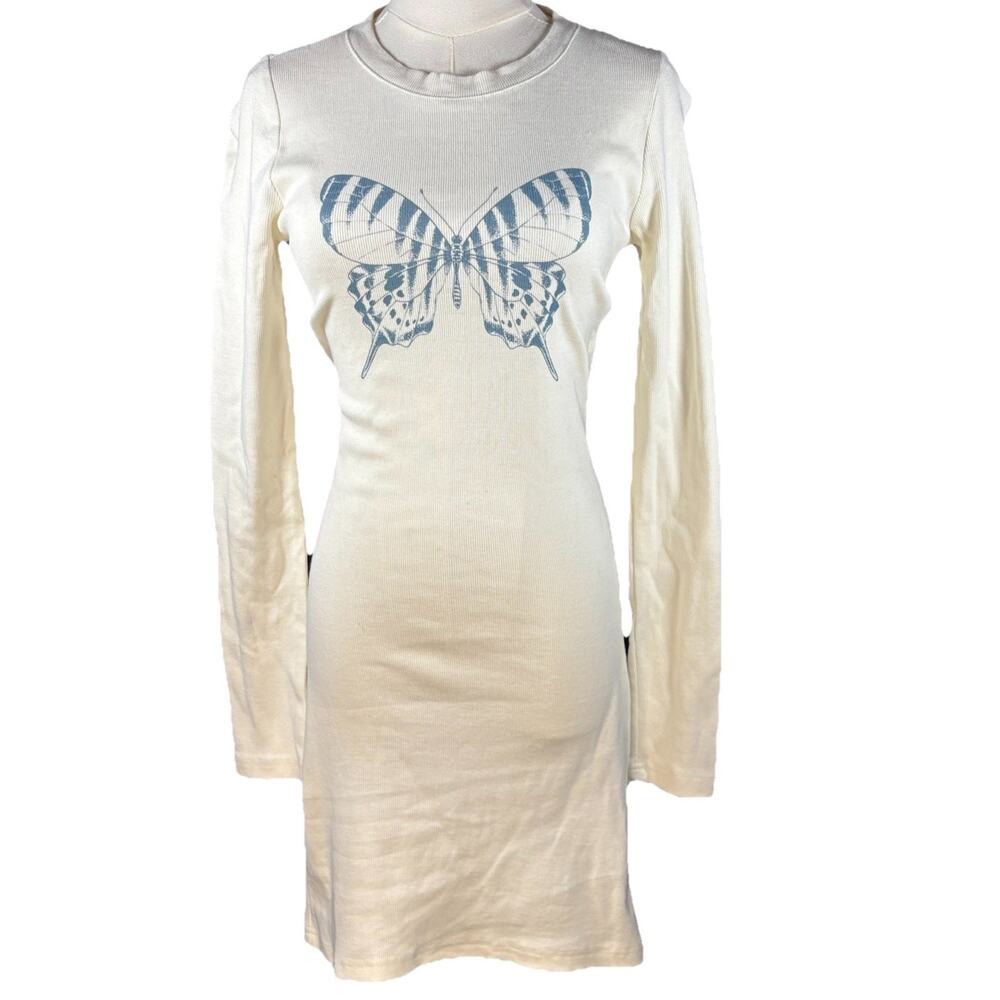 Forever 21 Cream Butterfly Dress Long Sleeved Ribbed Tunic Top Size Small